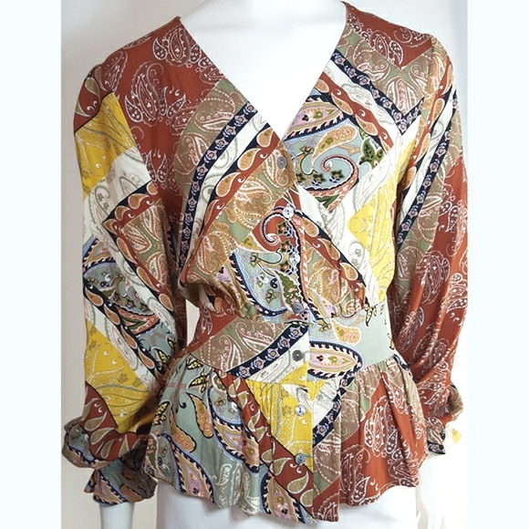 DEX🍂Multicolor Paisley Balloon Long Sleeves Peplum Blouse/ Top - Picture 2 of 10